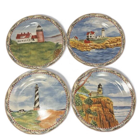 American Atelier Lighthouse Plate Set of 4 Cape Hatteras Coastal Decor - Picture 1 of 12